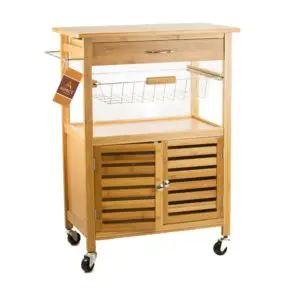  Kitchen Storage Serving Trolley Cart with Cabinet Removable Basket, Bamboo
