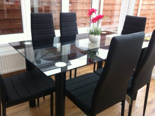 black glass dining table & chair set