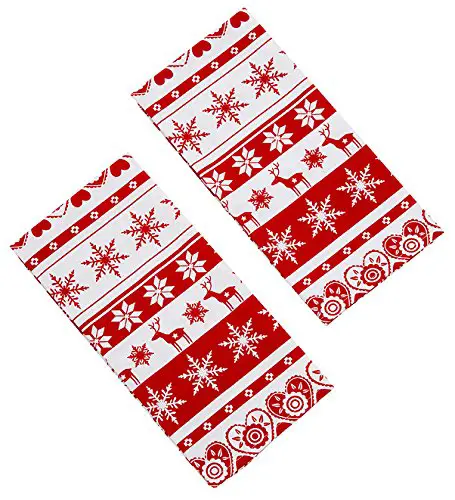 Nordic Snowflake And Reindeer Red And White Christmas tea towel set
